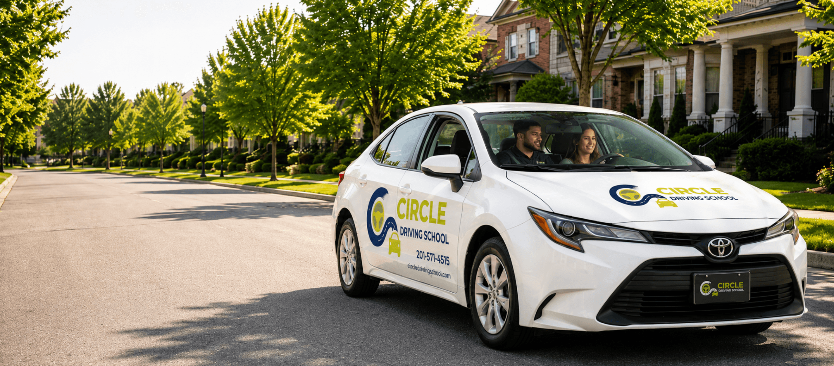 Circle Driving School instructor and student in the branded Circle car on a tree-lined street, Silver Spring MD